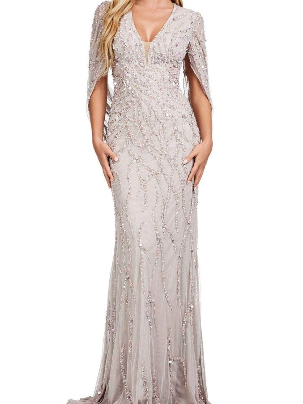 NWT Ashley Lauren 11430 Cape Sleeve Mother of the Bride Dress Marble size 12